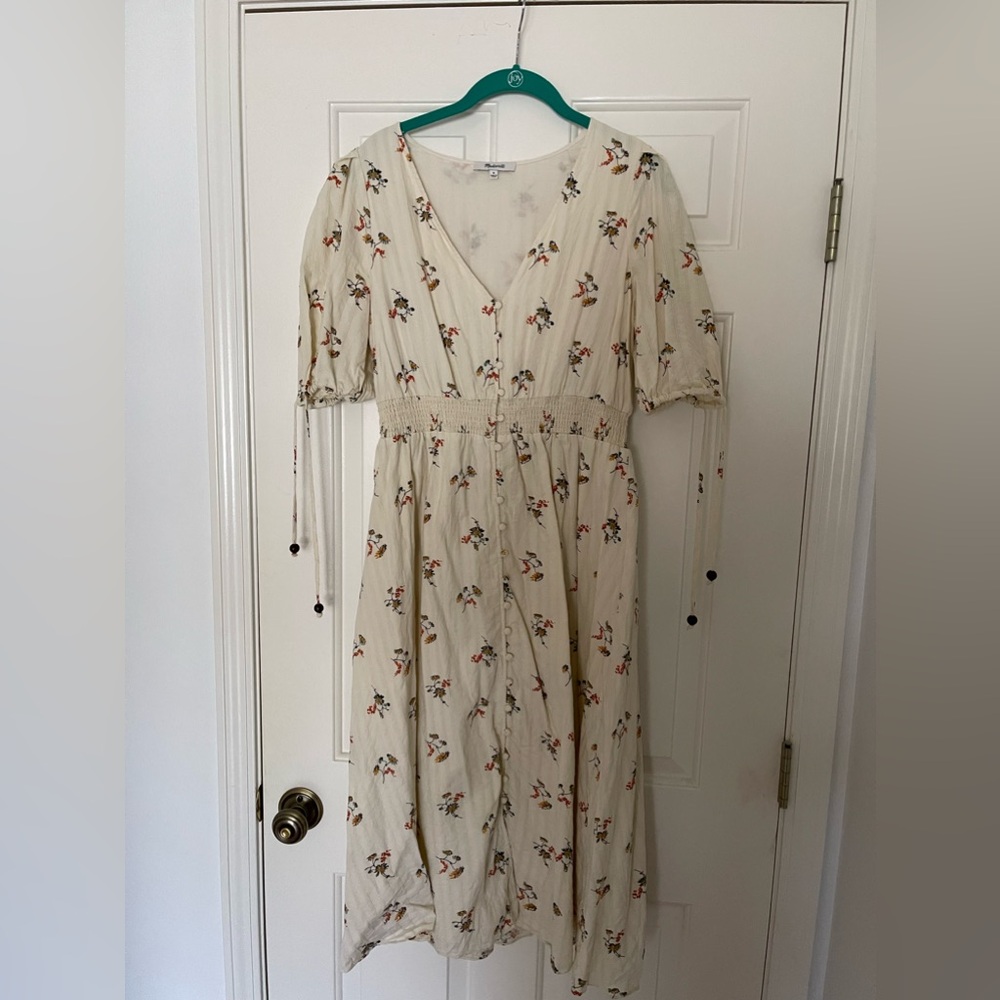 Madewell Tie-Sleeve Smocked-Waist Button-Front Midi Dress sz Med